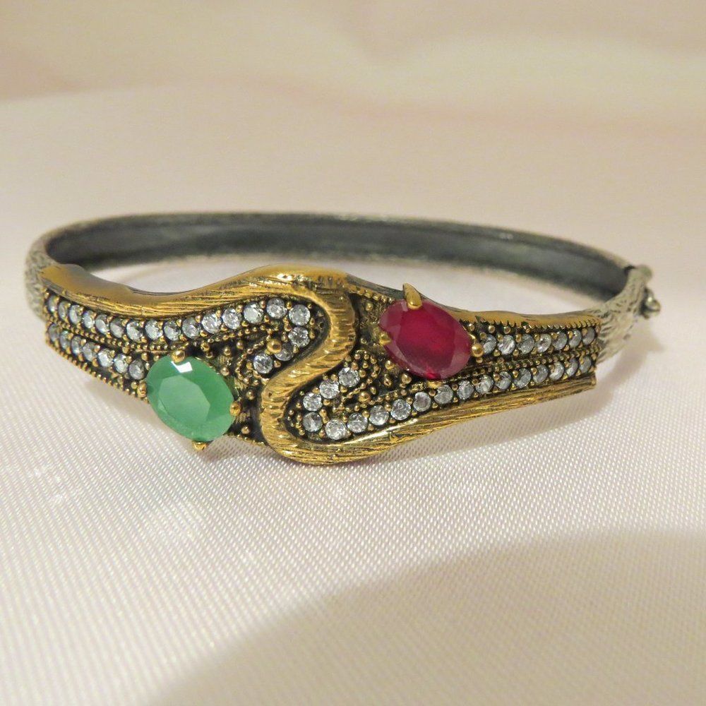 Sterling Silver& 14k Plated Multi Stones Bangle Bracelet